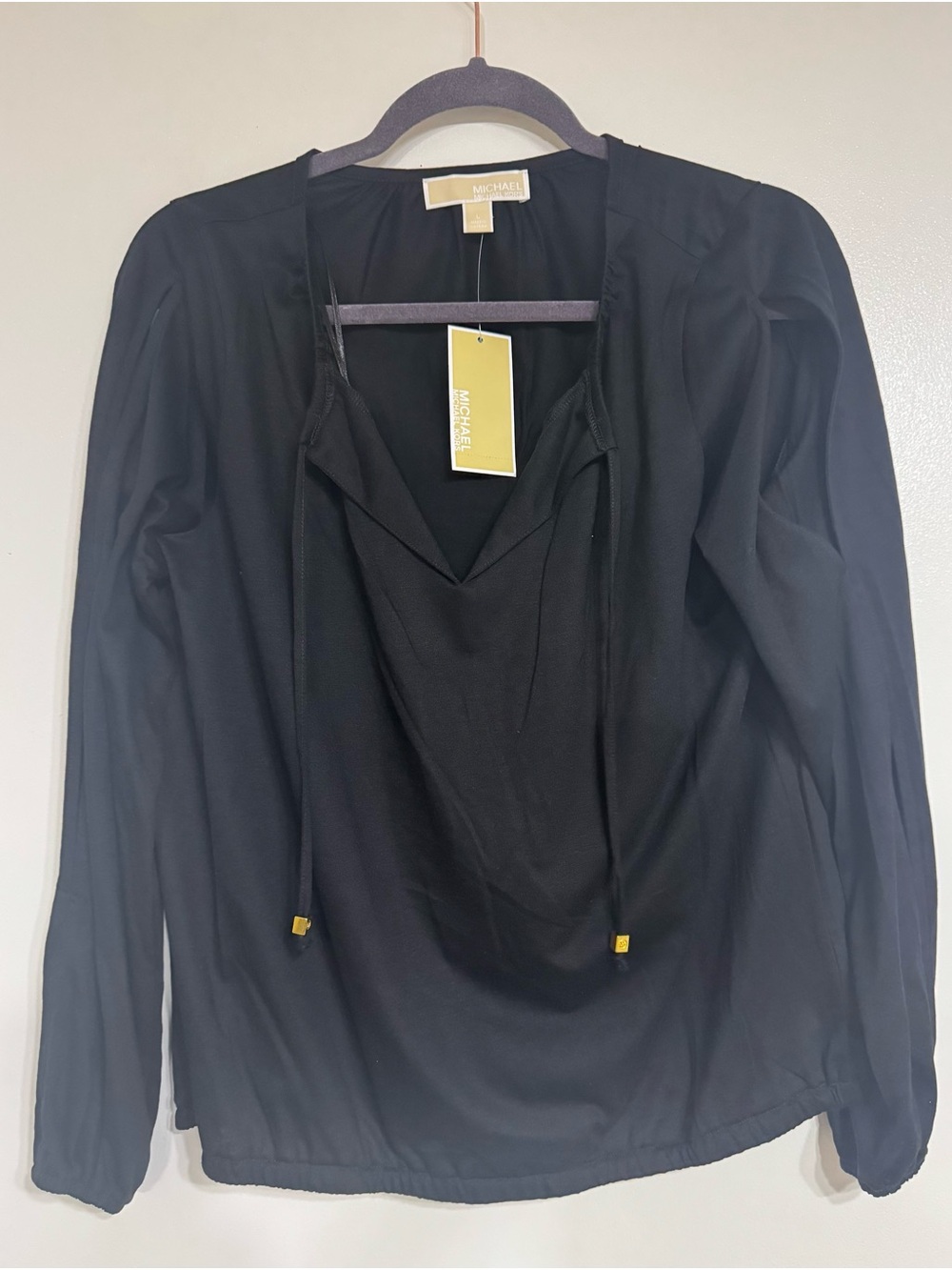 Michael Kors Black V-Neck Long-Sleeve Drawstring Blouse